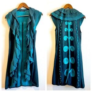 Nic+Zoe Long Ruffle Sweater Vest Small Gray Teal Turquoise Boho Artsy Layered